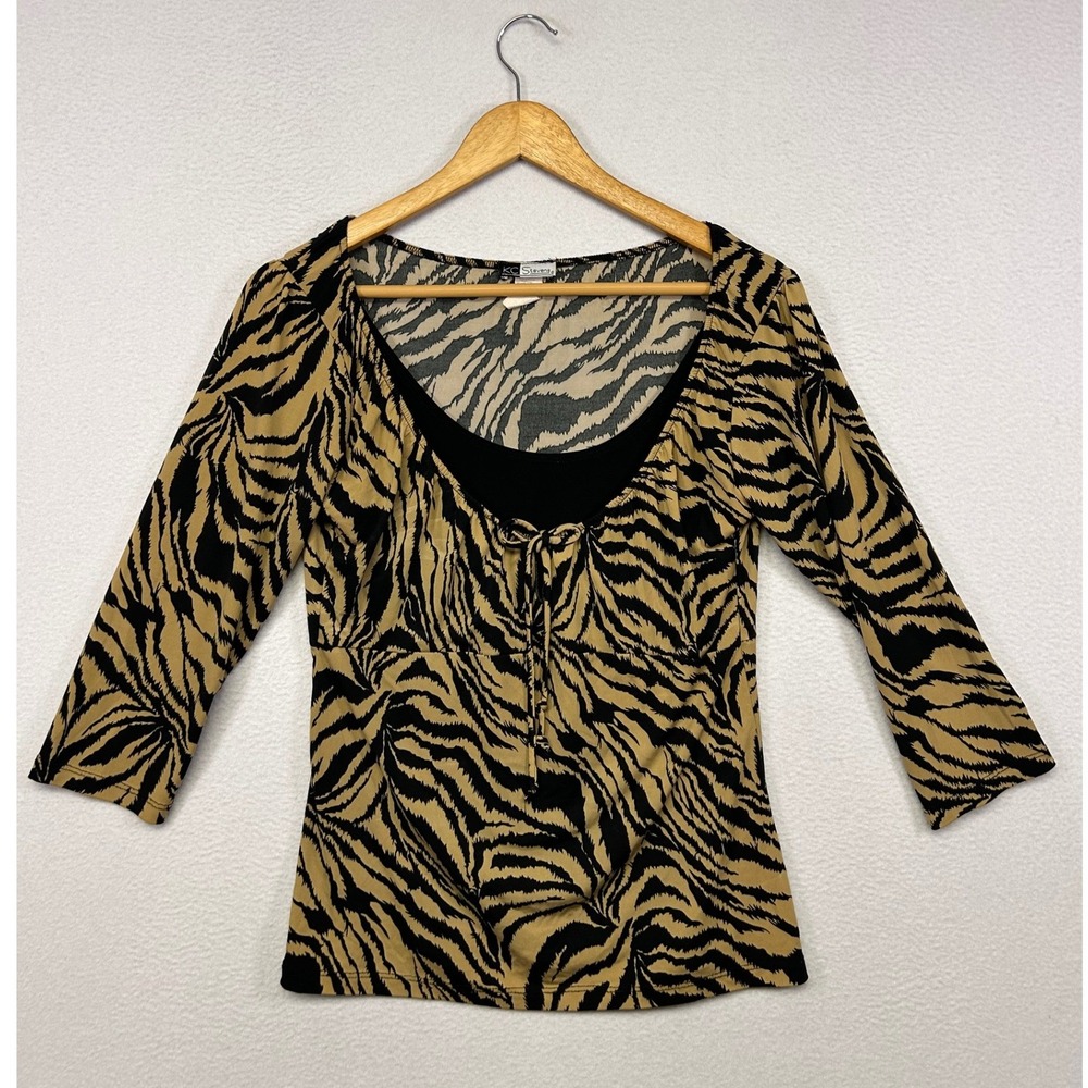 Y2K Indie Sleaze KC Stevens Women Small Tan Black Zebra Faux Layered Tie Top